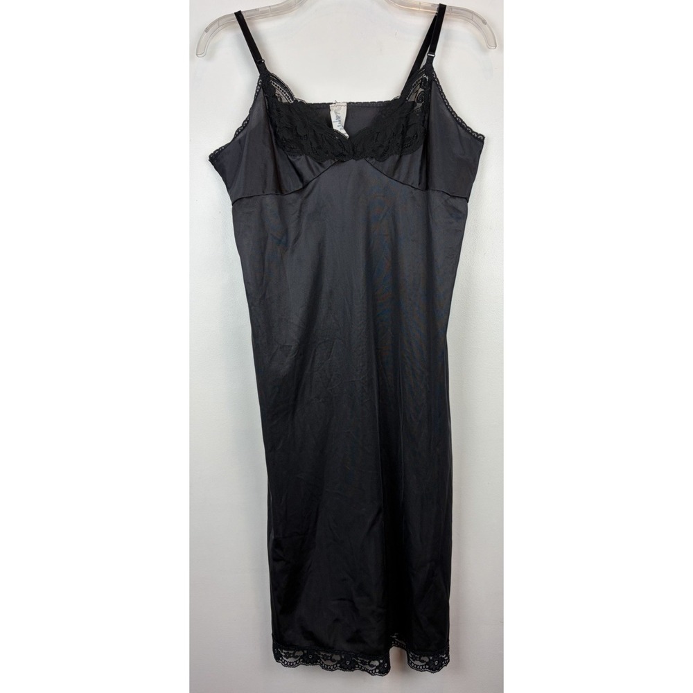 Vintage JCPenney Slip Dress Womens 38 16 Black Lace Nylon Satin Goth Whimsigoth